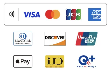 対応クレジットカード一覧（VISA・Mastercard・JCB・AMEX・Diners Club・DISCOVER・UnionPay・Apple Pay・iD・QUICPay）